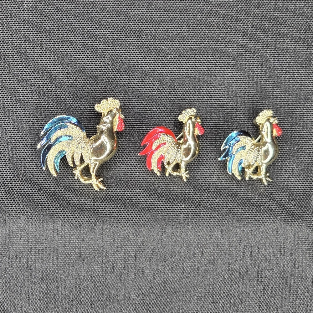 VTG Signed Gerry's Rooster Brooch‎ Set Gold Enamel MCM Farmcore Cottagecore Chic